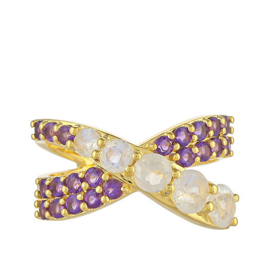 Arannyal Bevont Ezüst Gyűrű Szivárvány Holdkővel és Brazil Ametiszttel