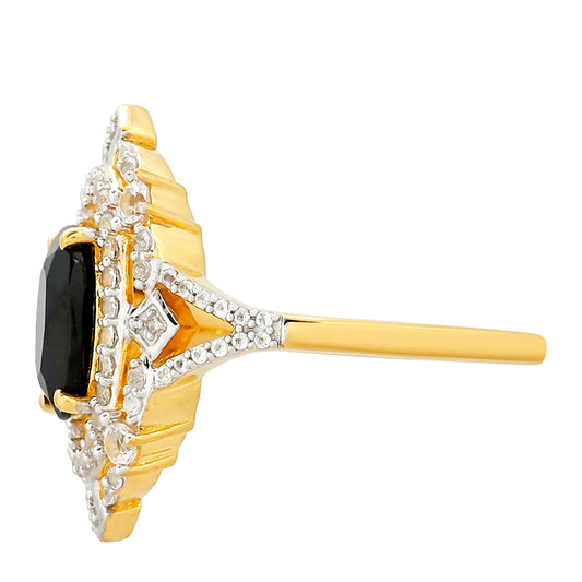 Arannyal Bevont Ezüst Gyűrű Fekete Turmalinnal és Fehér Topázzal