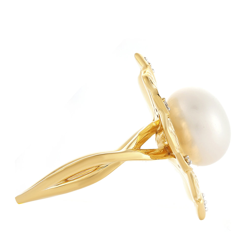 Arannyal Bevont Ezüst Gyűrű Barokk Édesvízi Tenyésztett Gyönggyel és Fehér Topázzal