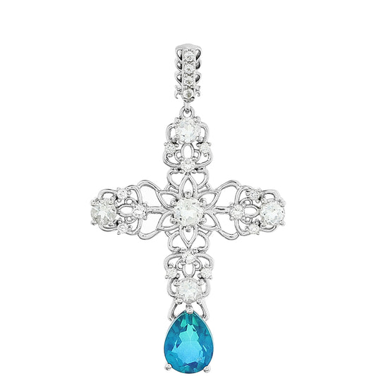 Kereszt Ezüst Medál Páva Kvarccal és Fehér Topázzal