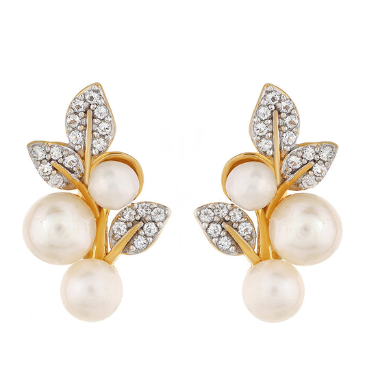 Arannyal Bevont Ezüst Fülbevaló Barokk Édesvízi Tenyésztett Gyönggyel és Fehér Topázzal