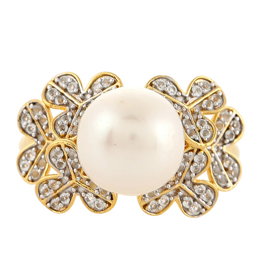 Arannyal Bevont Ezüst Gyűrű Barokk Édesvízi Tenyésztett Gyönggyel és Fehér Topázzal