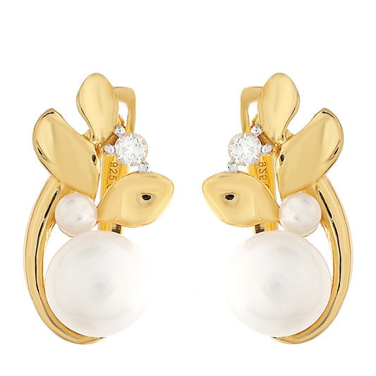 Arannyal Bevont Ezüst Fülbevaló Barokk Édesvízi Tenyésztett Gyönggyel és Fehér Topázzal