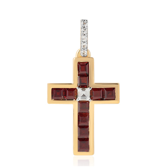 Kereszt Arannyal Bevont Ezüst Medál Barton Gránáttal és Fehér Topázzal
