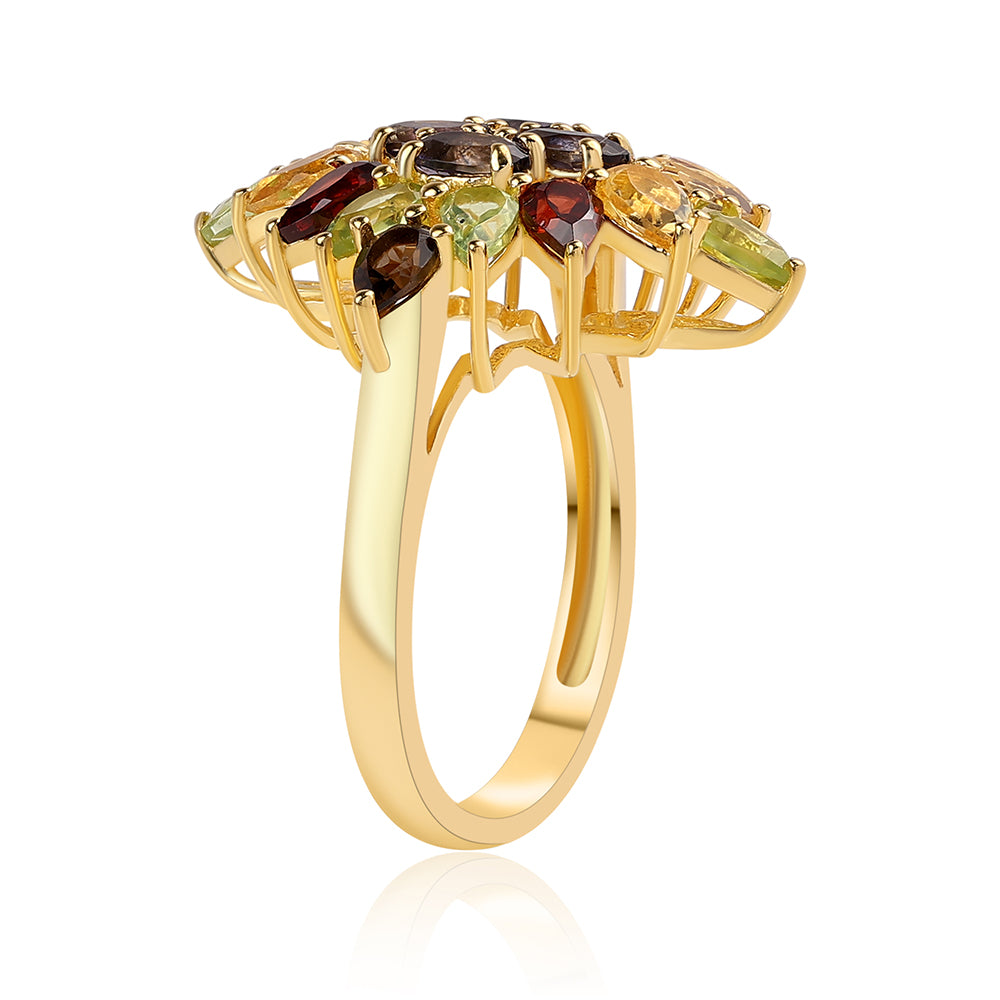 Arannyal Bevont Ezüst Gyűrű Vörös Gránáttal és Peridottal