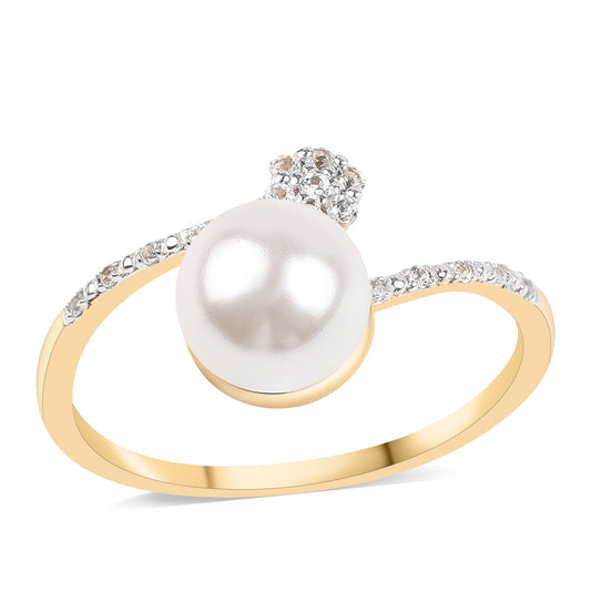 Arannyal Bevont Ezüst Gyűrű Fehér Édesvízi Kagylógyönggyel és Fehér Topázzal