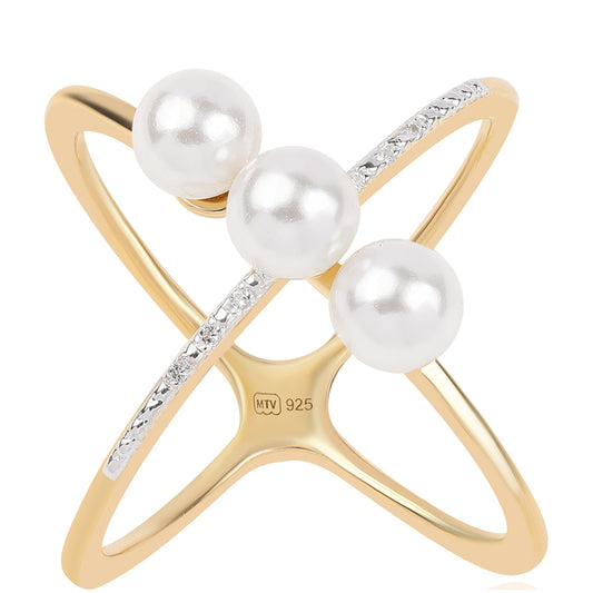 Arannyal Bevont Ezüst Gyűrű Fehér Édesvízi Kagylógyönggyel és Fehér Topázzal