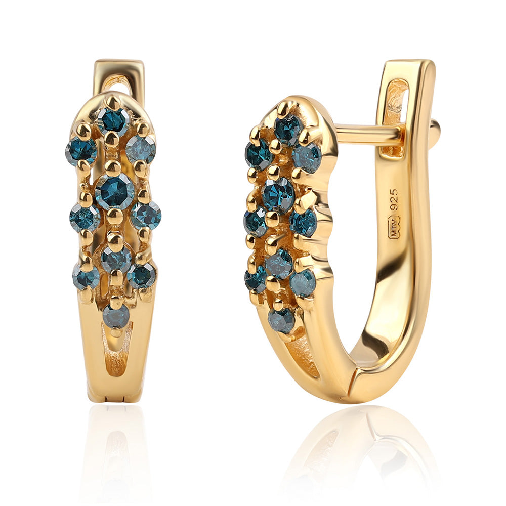 Arannyal Bevont Ezüst Fülbevaló Kék Gyémánttal