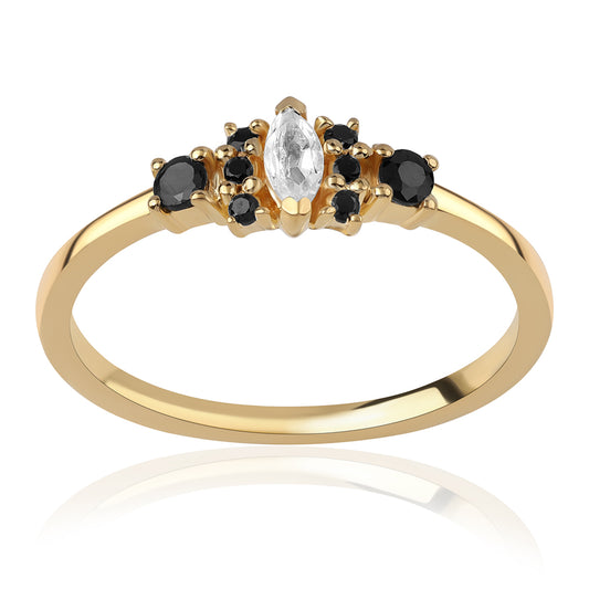 Arannyal Bevont Ezüst Gyűrű Fekete Spinellel és Fehér Topázzal