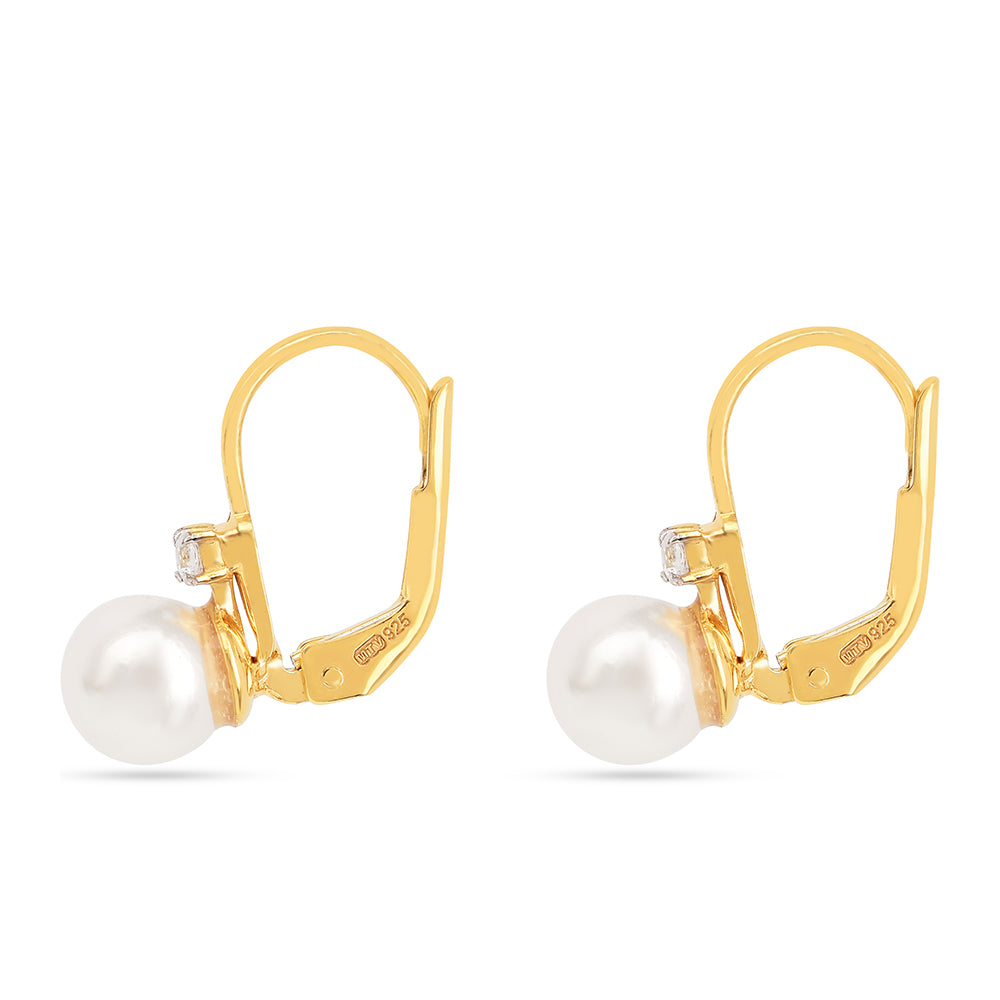 Arannyal Bevont Ezüst Fülbevaló Krém Édesvízi Kagylógyönggyel és Fehér Cirkónnal