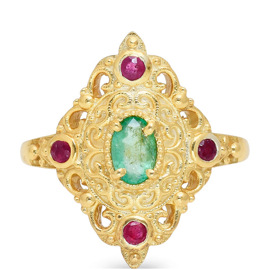 Arannyal Bevont Ezüst Gyűrű Madagaszkári Rubinnal és Brazil Smaragddal