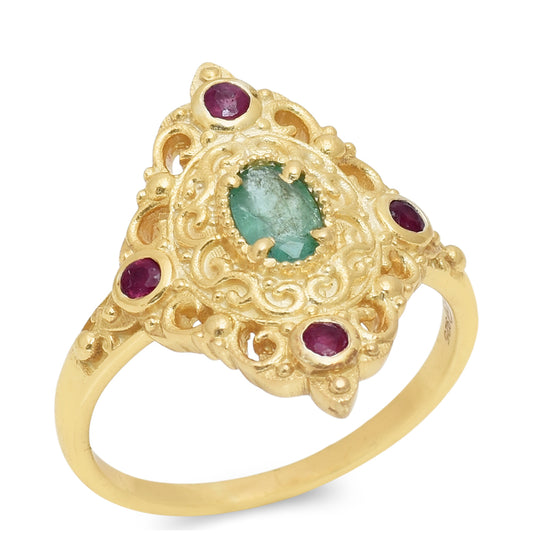 Arannyal Bevont Ezüst Gyűrű Madagaszkári Rubinnal és Brazil Smaragddal