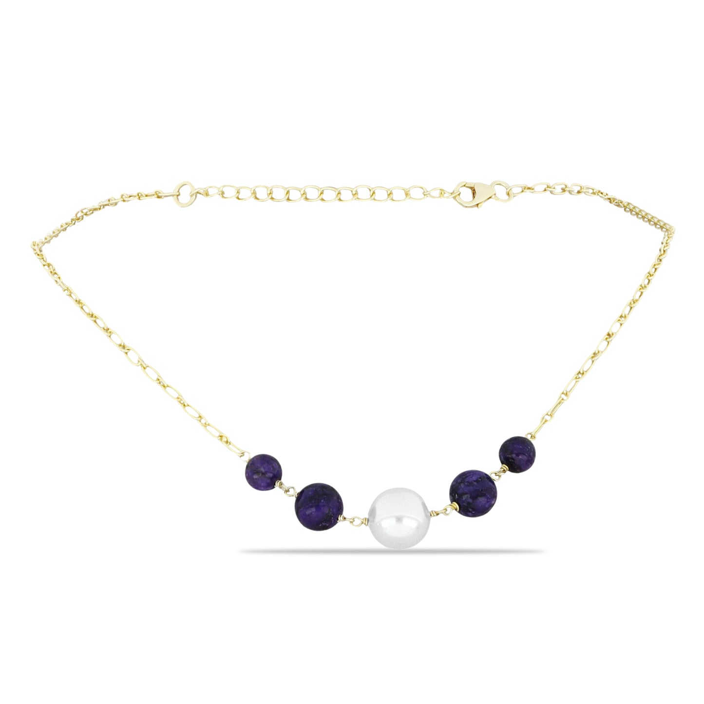 Arannyal Bevont Ezüst Nyaklánc Karoittal és Fehér Édesvízi Kagylógyönggyel