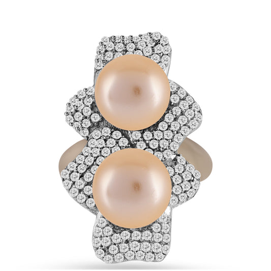 Arannyal Bevont Ezüst Gyűrű Arany színű Édesvízi Kagylógyönggyel és Fehér Topázzal