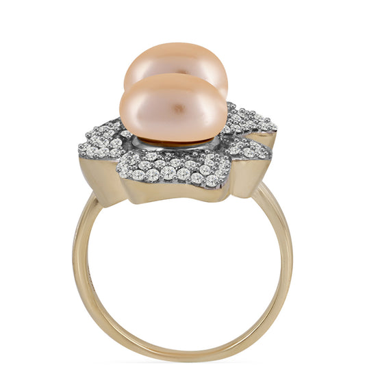 Arannyal Bevont Ezüst Gyűrű Arany színű Édesvízi Kagylógyönggyel és Fehér Topázzal