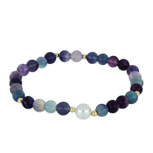 Arannyal Bevont Ezüst Karkötő Kétszínű Fluorittal és Fehér Édesvízi Kagylógyönggyel