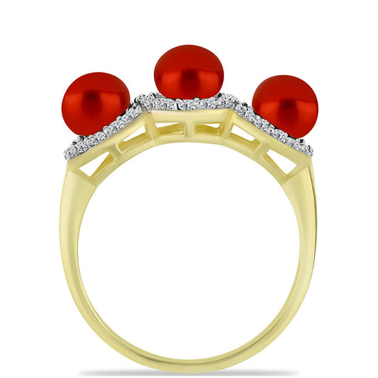 Arannyal Bevont Ezüst Gyűrű Vörös Édesvízi Kagylógyönggyel és Fehér Topázzal