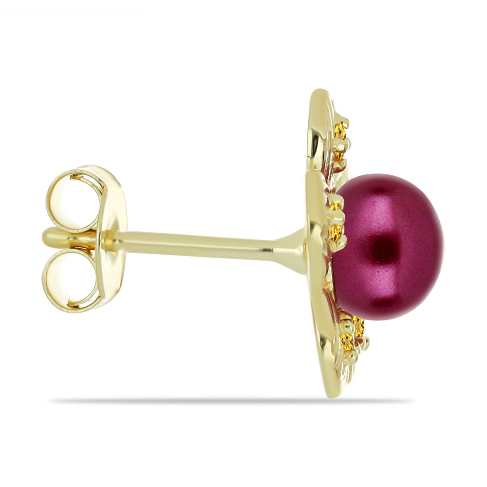 Arannyal Bevont Ezüst Fülbevaló Lila színű Édesvízi Kagylógyönggyel és Ural Citrinnel