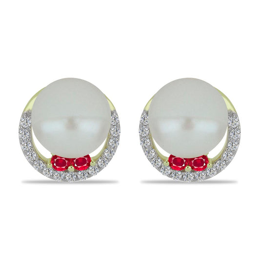 Arannyal Bevont Ezüst Fülbevaló Fehér Édesvízi Kagylógyönggyel és Madagaszkári Rubinnal