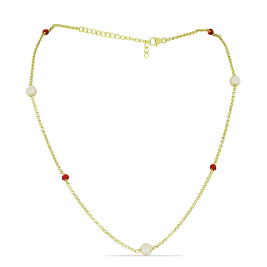 Arannyal Bevont Ezüst Nyaklánc Fehér Édesvízi Kagylógyönggyel és Madagaszkári Rubinnal