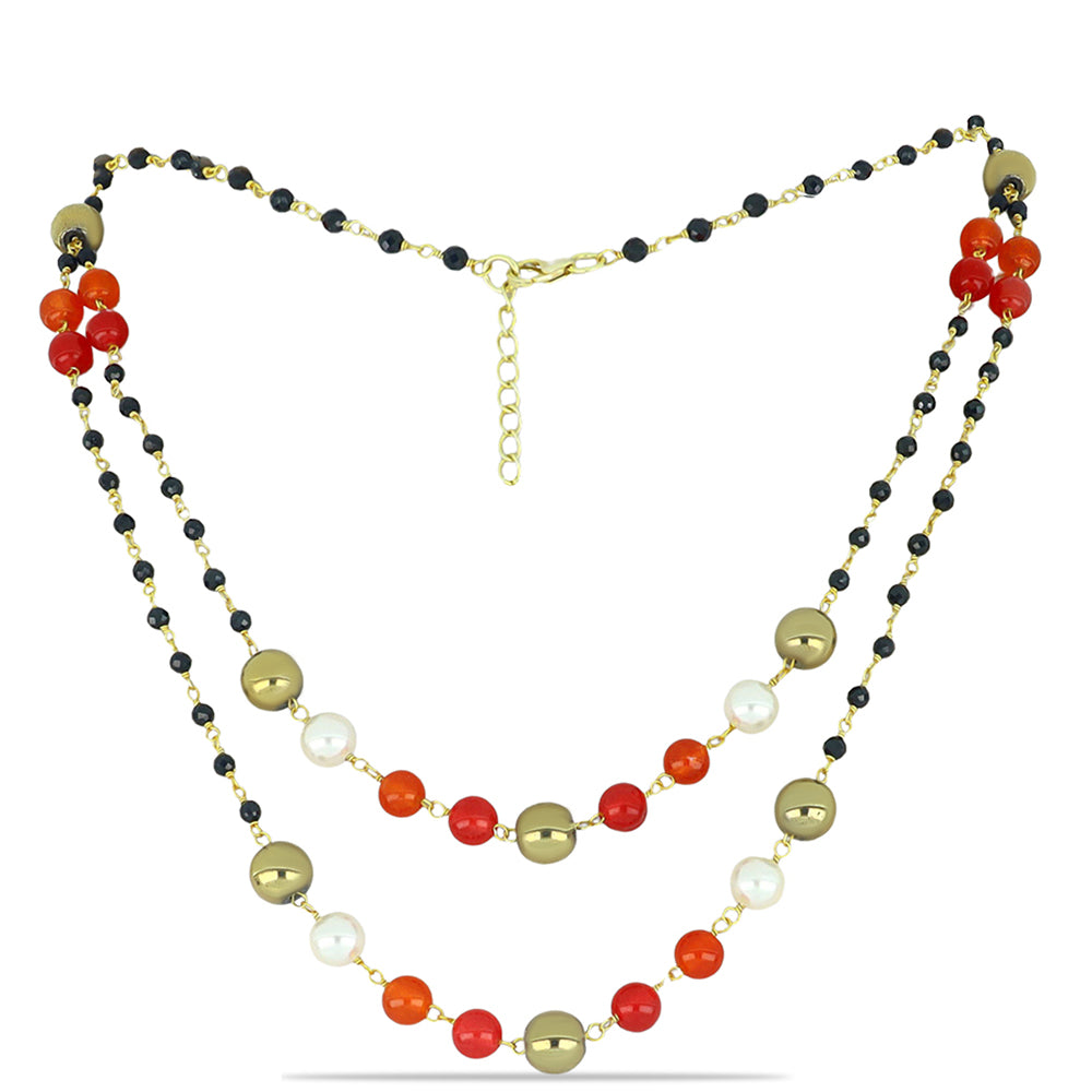 Arannyal Bevont Ezüst Nyaklánc Obszidiánnal és Fehér Édesvízi Kagylógyönggyel