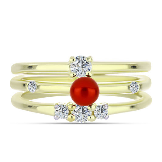 Arannyal Bevont Ezüst Szett Vörös Édesvízi Kagylógyönggyel és Fehér Topázzal ( Gyűrű )