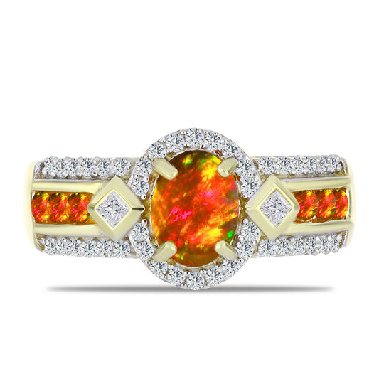 Arannyal Bevont Ezüst Gyűrű Amerikai Tűzopállal és Fehér Topázzal