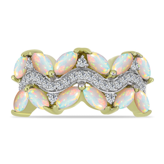 Arannyal Bevont Ezüst Gyűrű Etiópiai Opállal és Fehér Topázzal