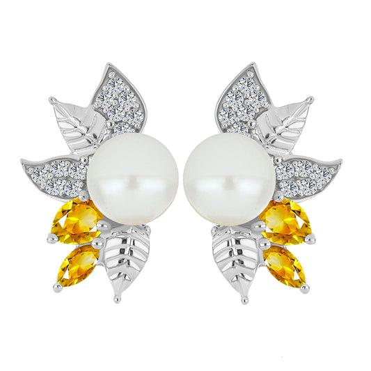 Ezüst Fülbevaló Ural Citrinnel és Fehér Édesvízi Kagylógyönggyel