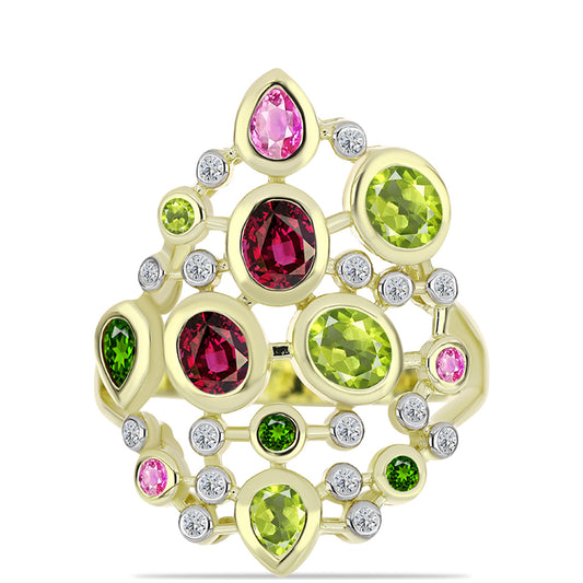 Arannyal Bevont Ezüst Gyűrű Csakra Tourmalinnal és Fehér Topázzal