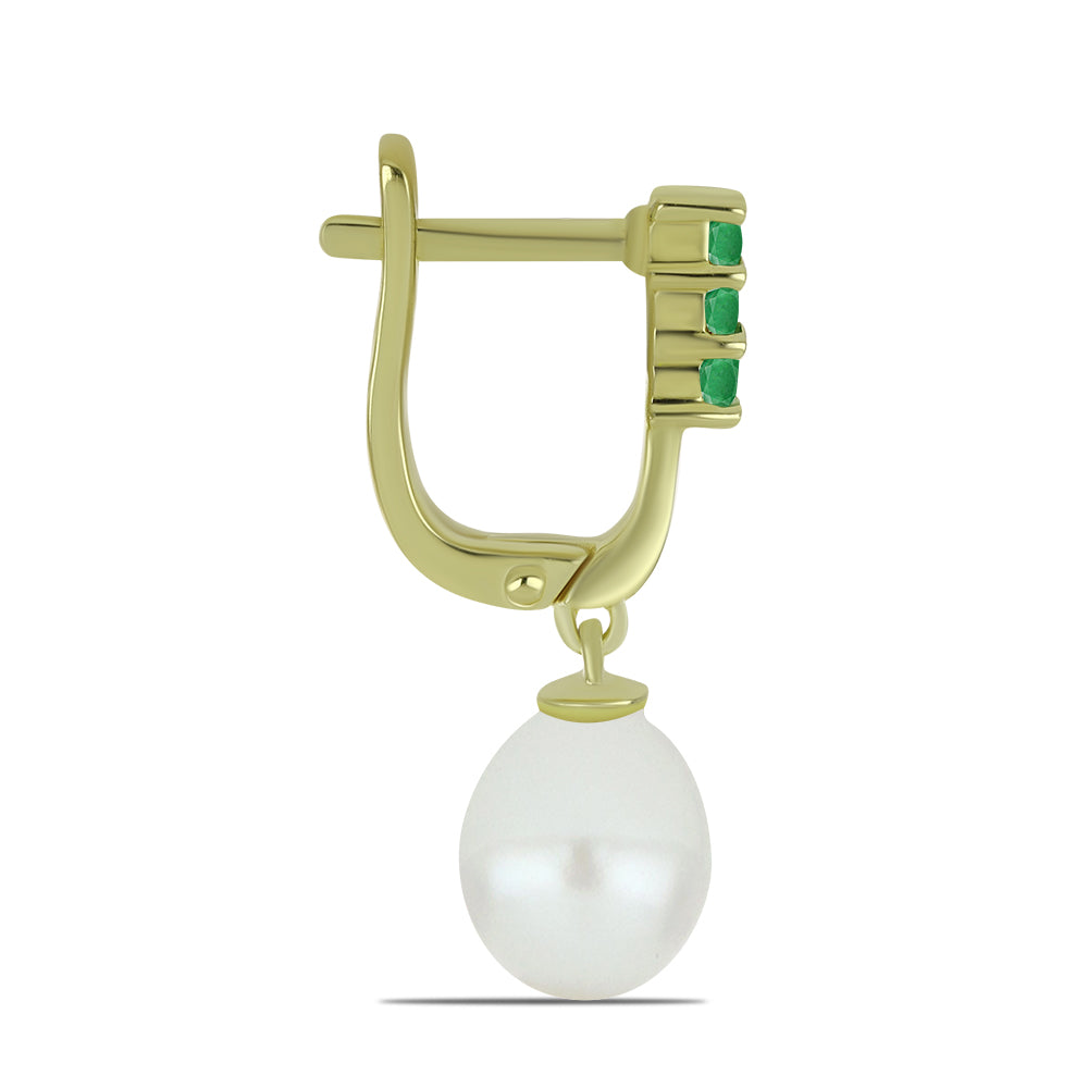 Arannyal Bevont Ezüst Fülbevaló Fehér Édesvízi Kagylógyönggyel és Brazil Smaragddal