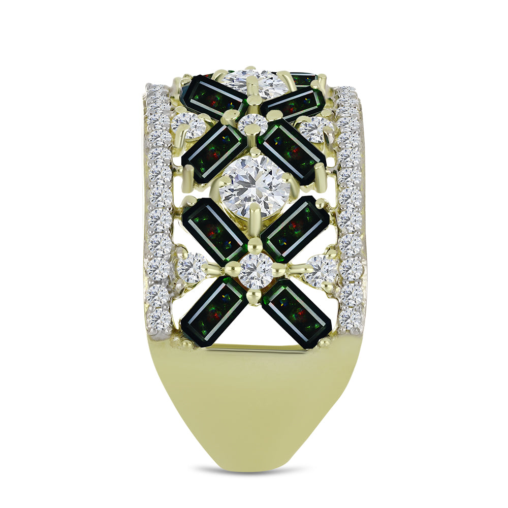 Arannyal Bevont Ezüst Gyűrű Lega Dembi Éjfekete Etiópiai Opállal és Fehér Topázzal