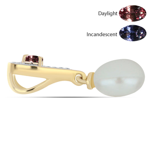 Arannyal Bevont Ezüst Medál Tsivory Színváltós Gránáttal és Fehér Édesvízi Kagylógyönggyel