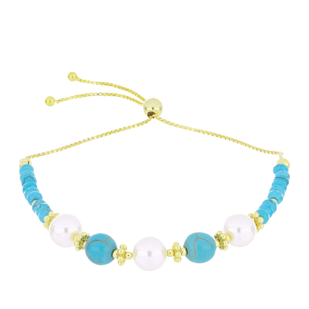 Arannyal Bevont Ezüst Karkötő Csipkerózsika Türkizzel és Fehér Édesvízi Kagylógyönggyel