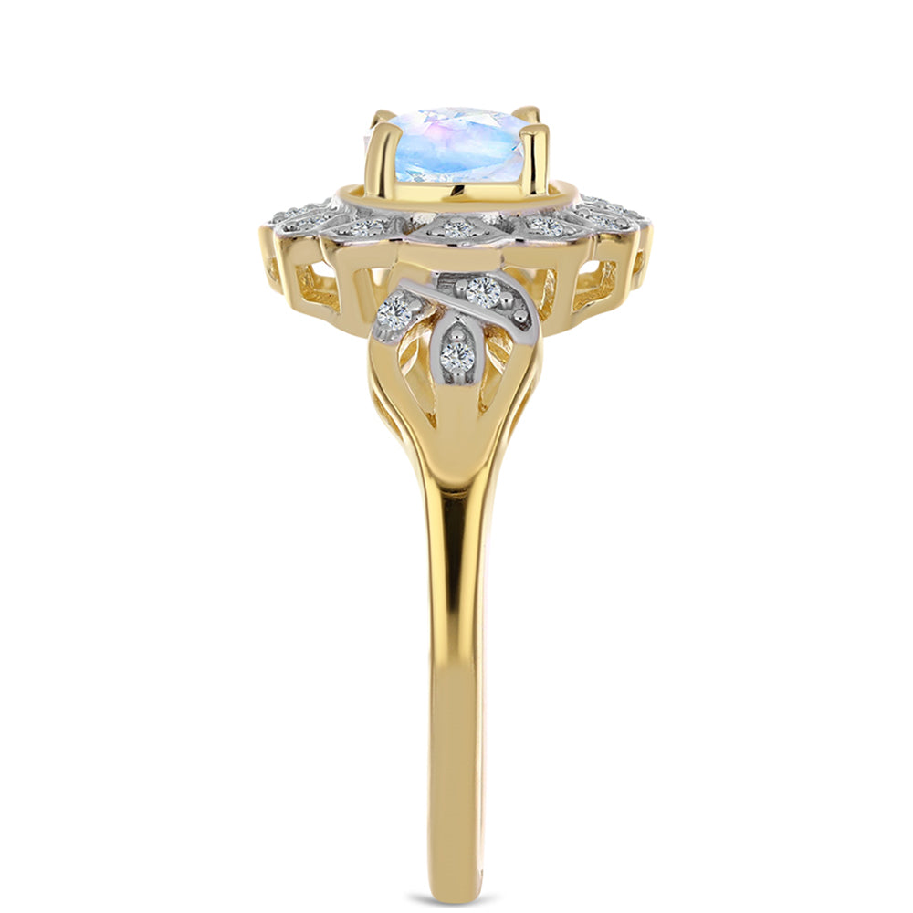 Arannyal Bevont Ezüst Gyűrű Szivárvány Holdkővel és Fehér Topázzal