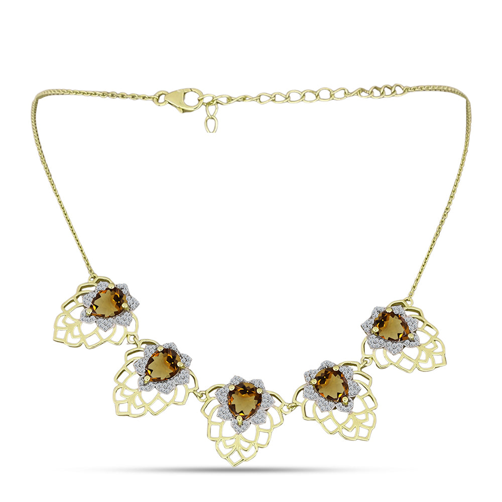 Arannyal Bevont Ezüst Nyaklánc Kognak Kvarccal és Fehér Topázzal