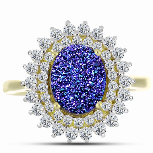 Arannyal Bevont Ezüst Gyűrű Lila Drusy-val és Fehér Topázzal
