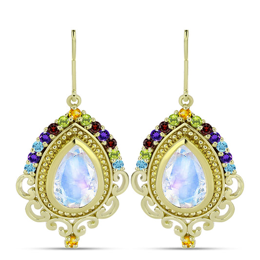 Arannyal Bevont Ezüst Fülbevaló Szivárvány Holdkővel és Marokkói Ametiszttel