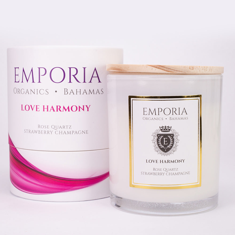 Emporia Organics Üveggyertya: Bahamák - LOVE HARMONY, Rózsakvarccal, Eper és pezsgő illattal, 100% szójaviasz, 230 g
