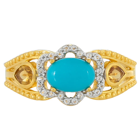 Arannyal Bevont Ezüst Gyűrű Csipkerózsika Türkizzel és Citrinnel