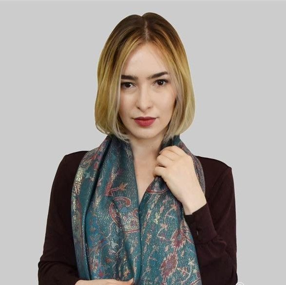 100% Valódi Pashmina Kasmír Sál-Kendő, 70 cm x 180 cm, Zöldeskék Fényes