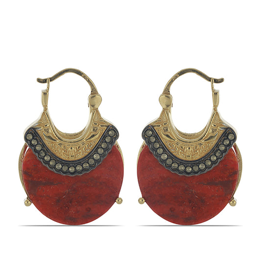 Arannyal Bevont Ezüst Fülbevaló Vörös Szivacs Korallal és Markazittal