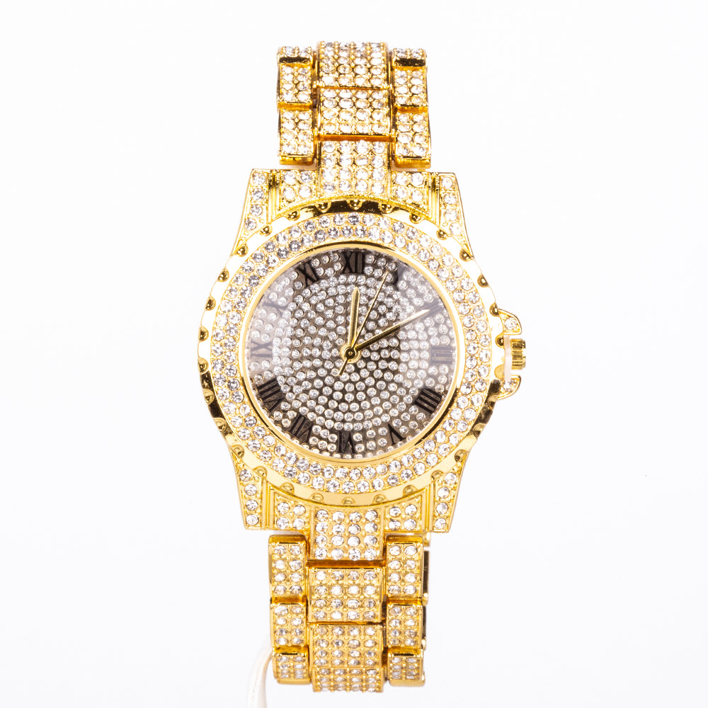 4 darabos, arany tónusú prémium minőségű Emporia ékszerszett, exkluzív bőrhatású díszdobozban (karórával, karkötővel, vastag nyaklánccal, és kereszt medálos nyaklánccal, fehér Emporia kristállyal)