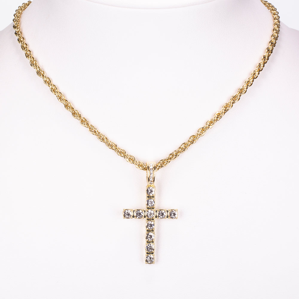 4 darabos, arany tónusú prémium minőségű Emporia ékszerszett, exkluzív bőrhatású díszdobozban (karórával, karkötővel, vastag nyaklánccal, és kereszt medálos nyaklánccal, fehér Emporia kristállyal)