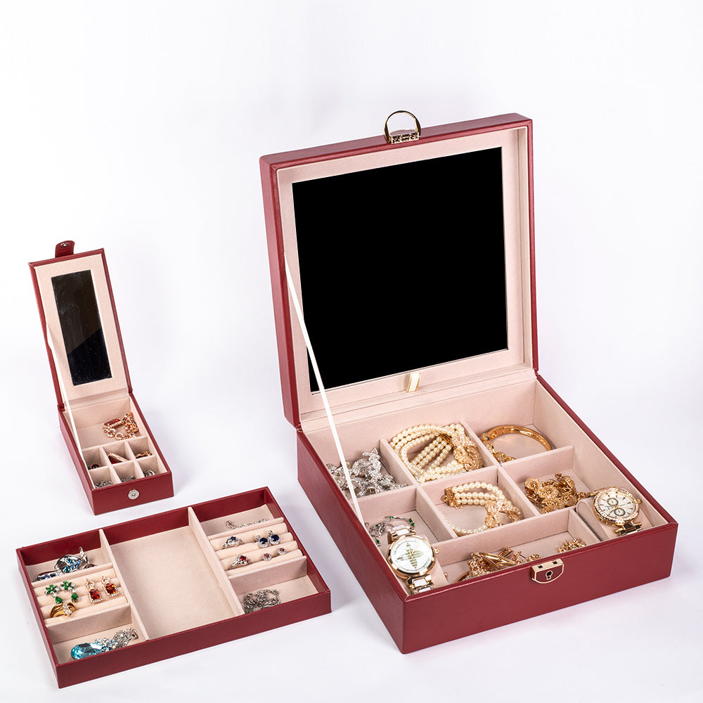 Jewelry Box, Size:25,3*25,3*8,5cm, Material: Inner(claimond veins) Outer(PU Leather); Color: red 5 