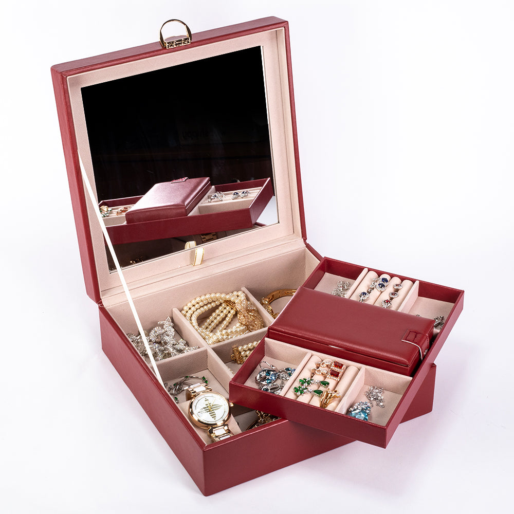 Jewelry Box, Size:25,3*25,3*8,5cm, Material: Inner(claimond veins) Outer(PU Leather); Color: red