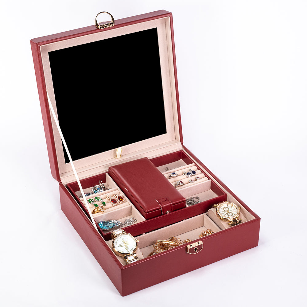 Jewelry Box, Size:25,3*25,3*8,5cm, Material: Inner(claimond veins) Outer(PU Leather); Color: red 8 