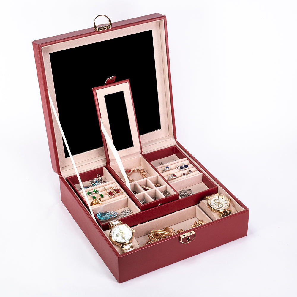 Jewelry Box, Size:25,3*25,3*8,5cm, Material: Inner(claimond veins) Outer(PU Leather); Color: red