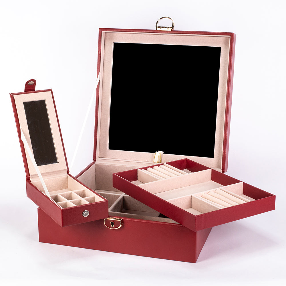 Jewelry Box, Size:25,3*25,3*8,5cm, Material: Inner(claimond veins) Outer(PU Leather); Color: red 1 