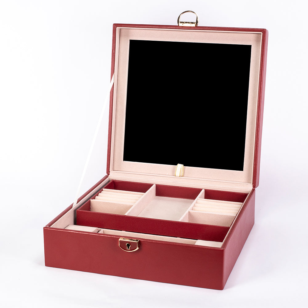 Jewelry Box, Size:25,3*25,3*8,5cm, Material: Inner(claimond veins) Outer(PU Leather); Color: red